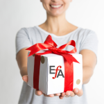 woman offering gift wrapped present with EFA logo on side