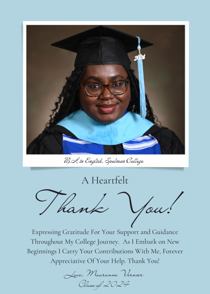 A Black woman with glasses in a black and blue graduation cap and gown